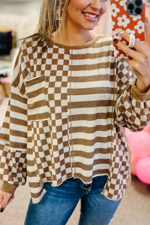 KHAKI MULTI PATTERN LONG SLEEVE BLOUSE**SHIPPING EXPECTED TO BEGIN ON DATE 9/10**