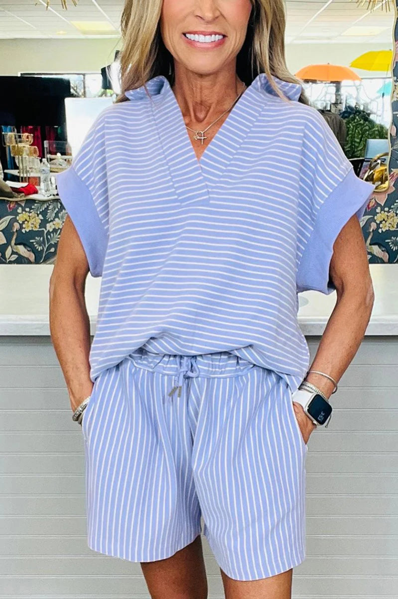 KEEPING IT CASUAL SKY BLUE STRIPE PULLOVER TOP & SHORTS SET **SHIPPING EXPECTED TO BEGIN ON DATE 6/20**