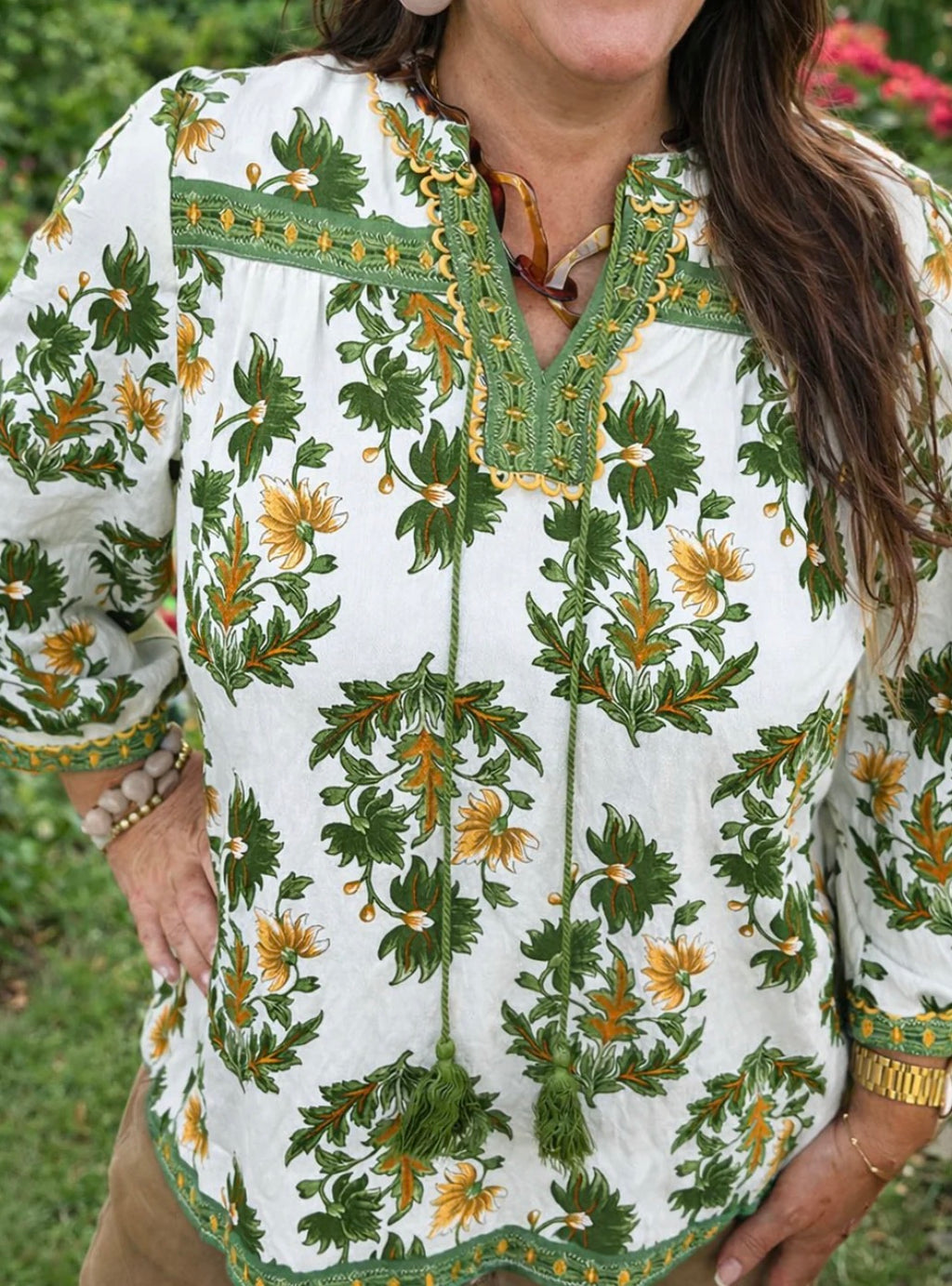 Green Plus Floral Tassel Blouse