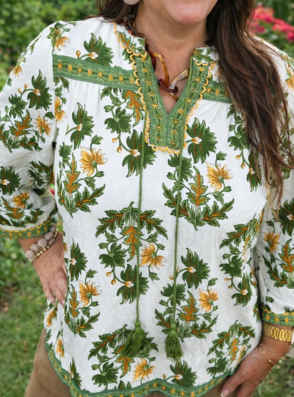 Green Plus Floral Tassel Blouse