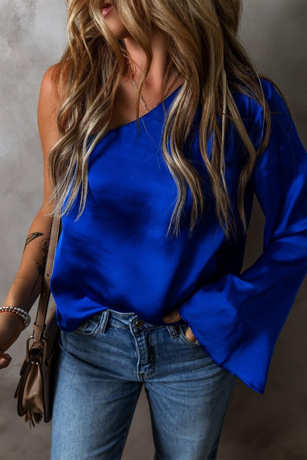 Seductive Blue Asymmetric One Shoulder
Bell Sleeve Satin Blouse