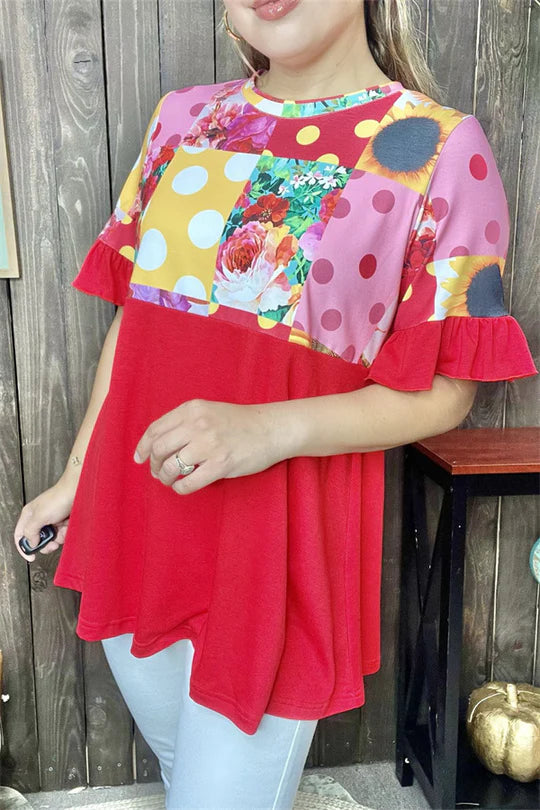 Red Floral Dot Printed Ruffle Top