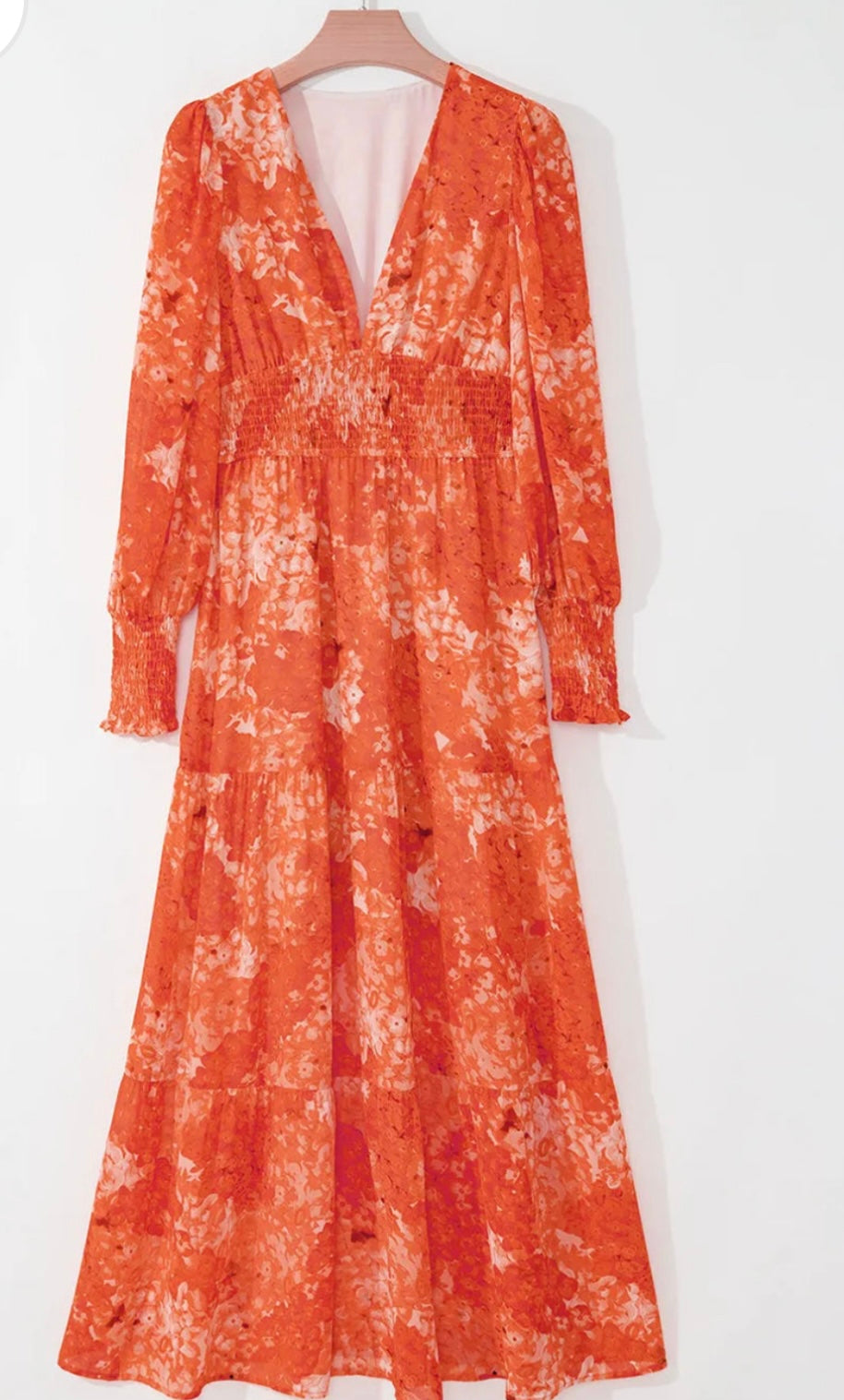 Smocked Printed V-Neck Long Sleeve Dress