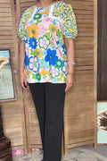Flower Printed Lace Trim Blouse