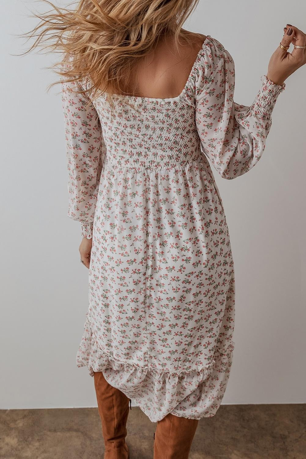 White Floral Ruffled Midi Dress