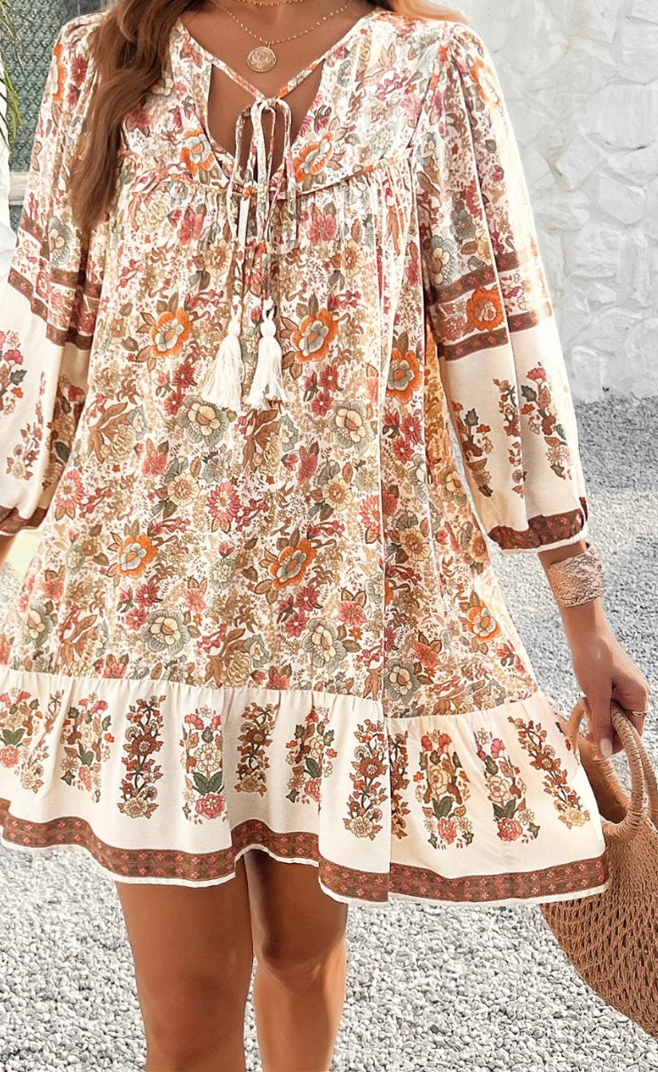 Devine Tassel Floral Tie Neck Mini Dress