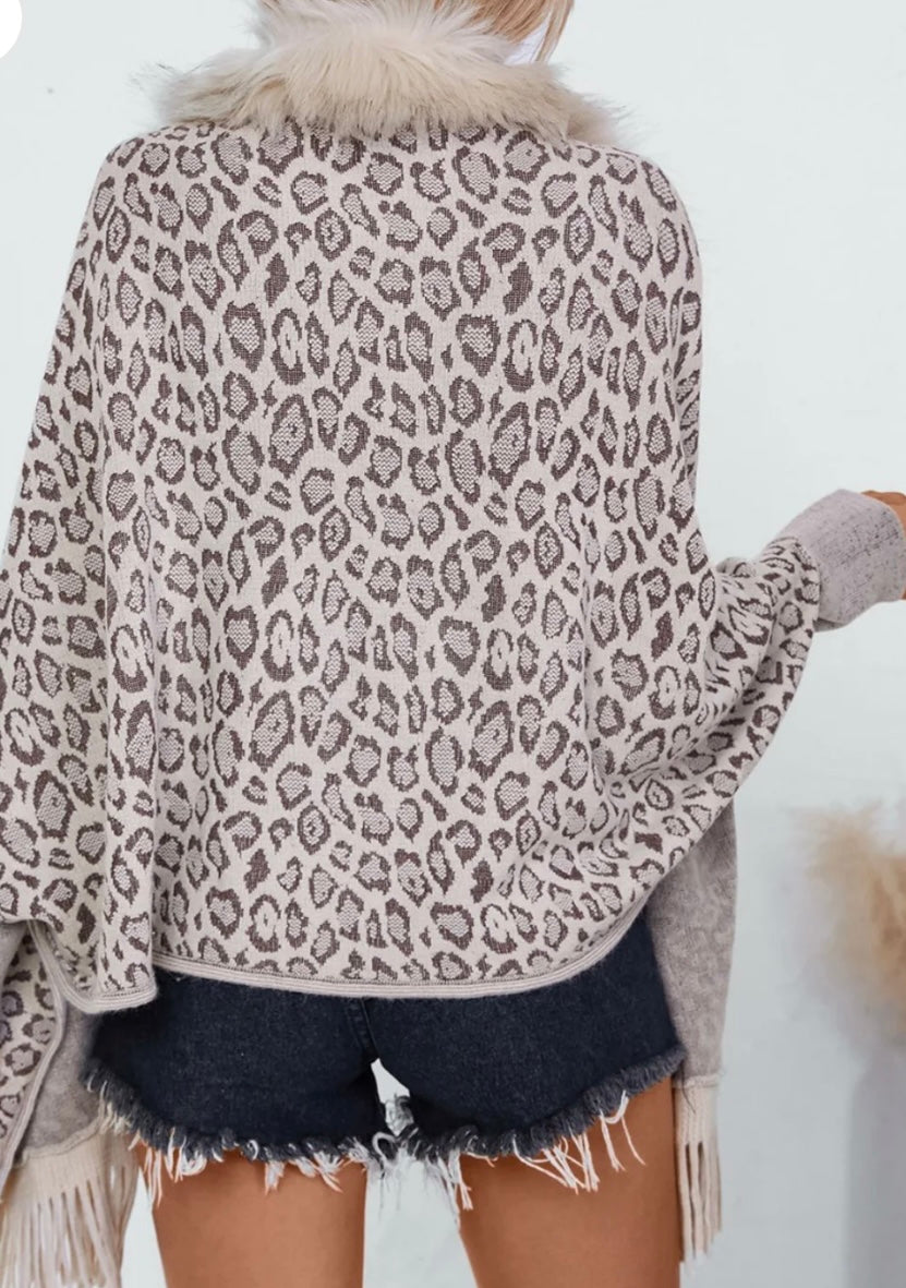 Fringe Leopard Open Front Long Sleeve Poncho