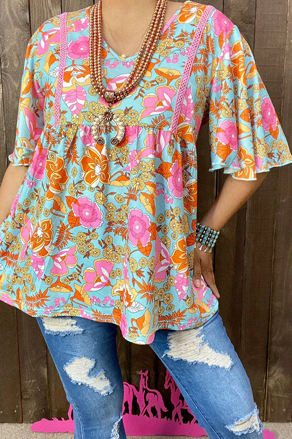 Floral Print Bell Sleeve Top Lady charmonline