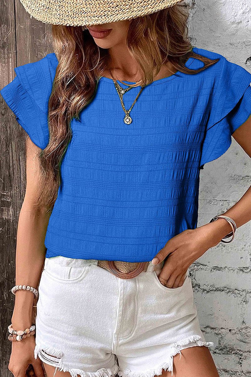 BREEZY BELLE DARK BLUE RUFFLE SLEEVE SMOCKED BLOUSE