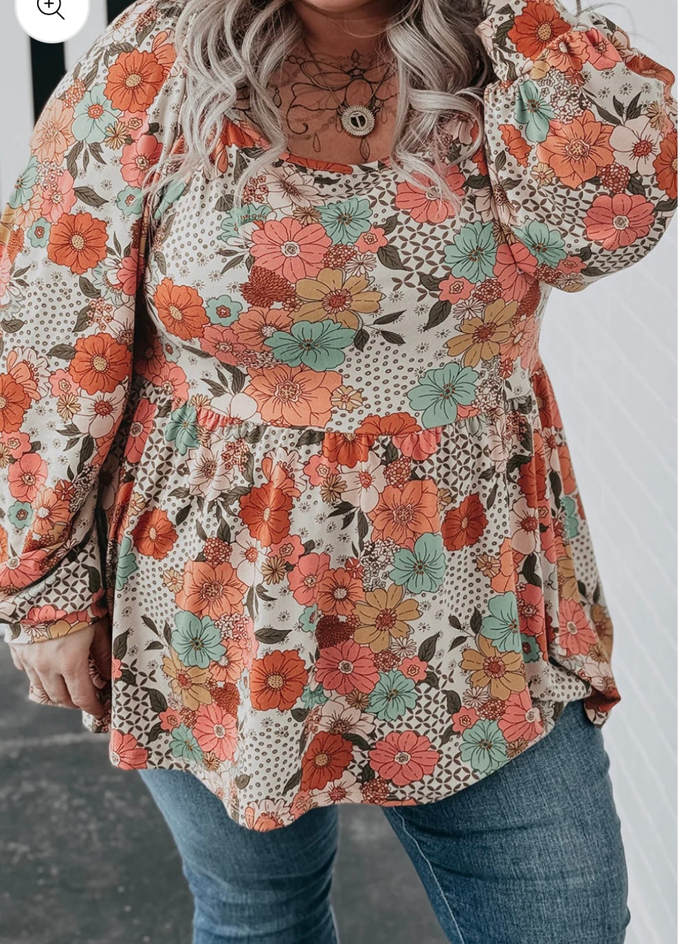 Plus Size Flower Square Neck Blouse (Ships 10/8)