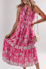 Load image into Gallery viewer, Rose Floral Tasseled Lace-up Neck Tiered Midi Dress
