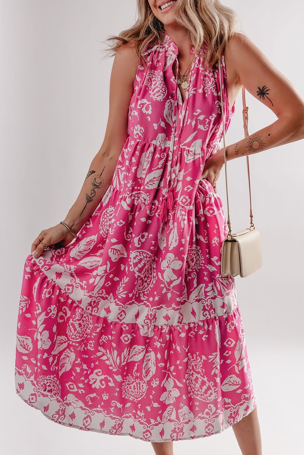 Rose Floral Tasseled Lace-up Neck Tiered Midi Dress