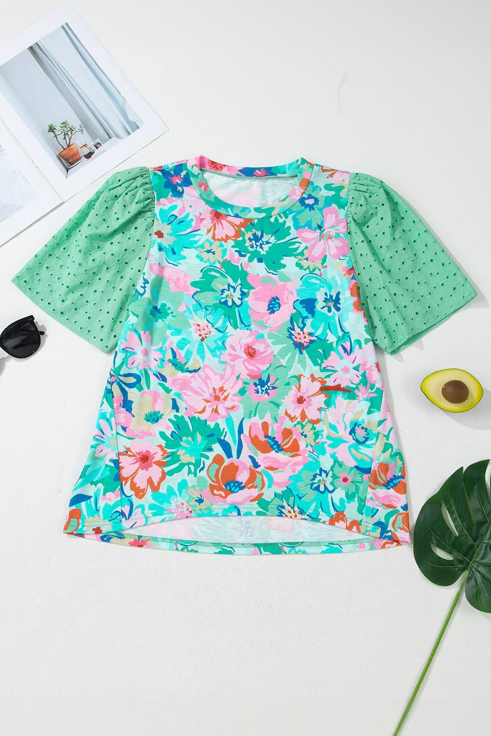 Green Floral Eyelet Embroidered Crew Neck Top