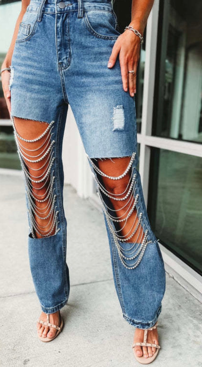 Chain Ripped Straight Jeans