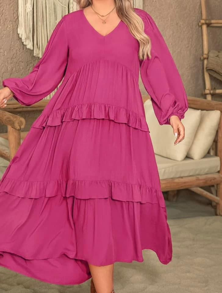 Plus Size Ruffled Vneck Long Sleeve Dress