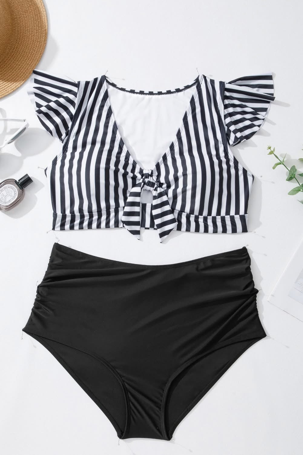 Black Stripe Knot Ruffle Sleeve and High Waisted 2pcs Swimsuit