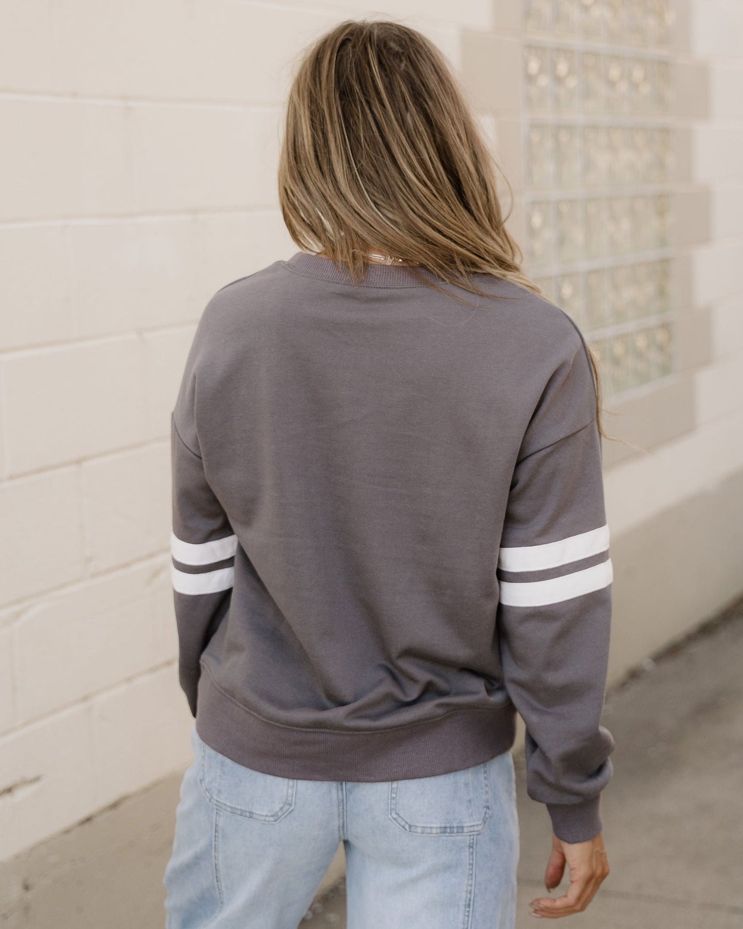 Varsity Striped Sleeve Loose Sweatshirt - Dark Gray Indie & Co.