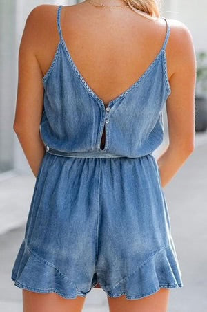 SUNNY DAYS ASHLEIGH BLUE DENIM ROMPER **SHIPPING EXPECTED TO BEGIN ON DATE 3/5**