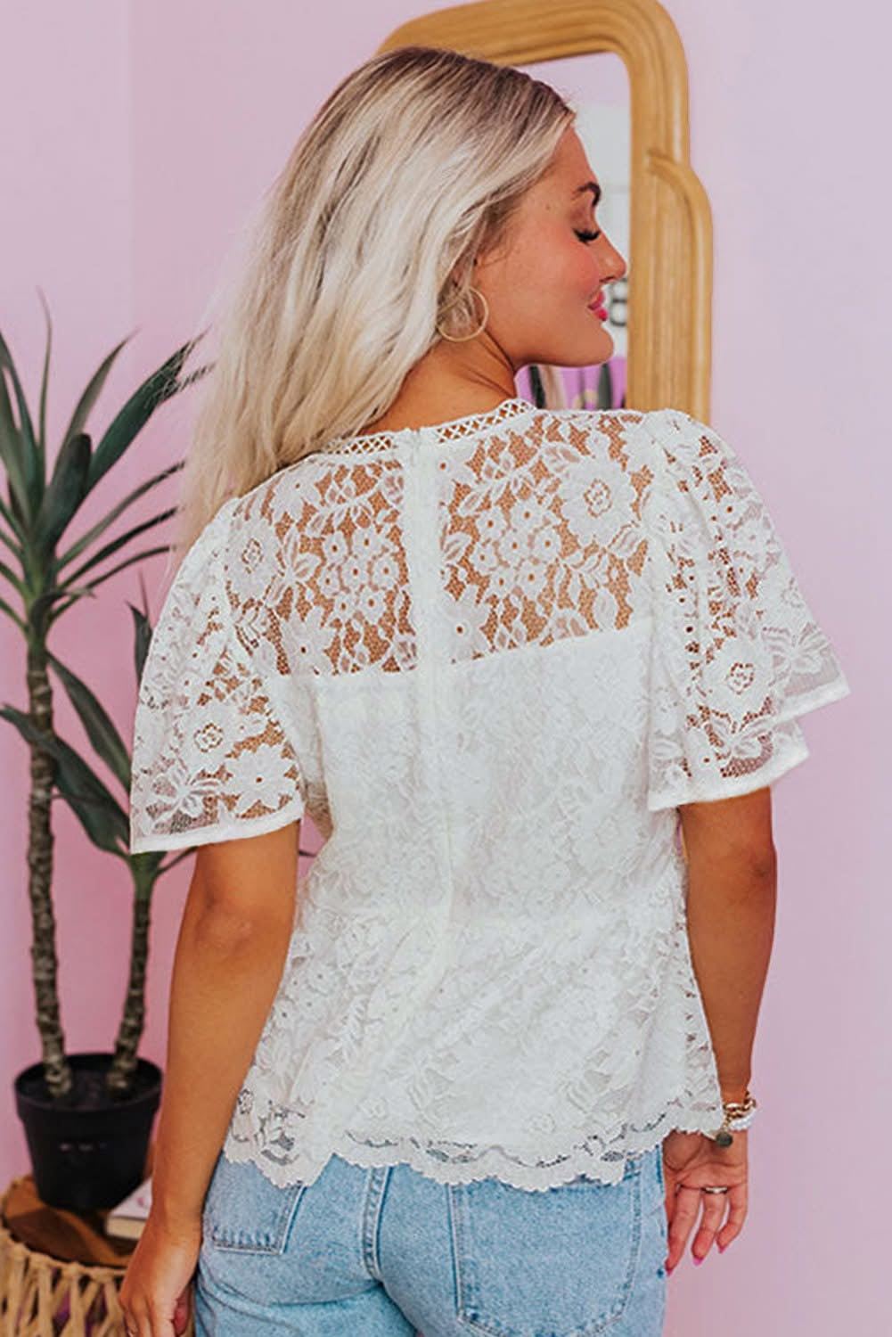 White Scalloped Floral Lace Peplum Blouse
