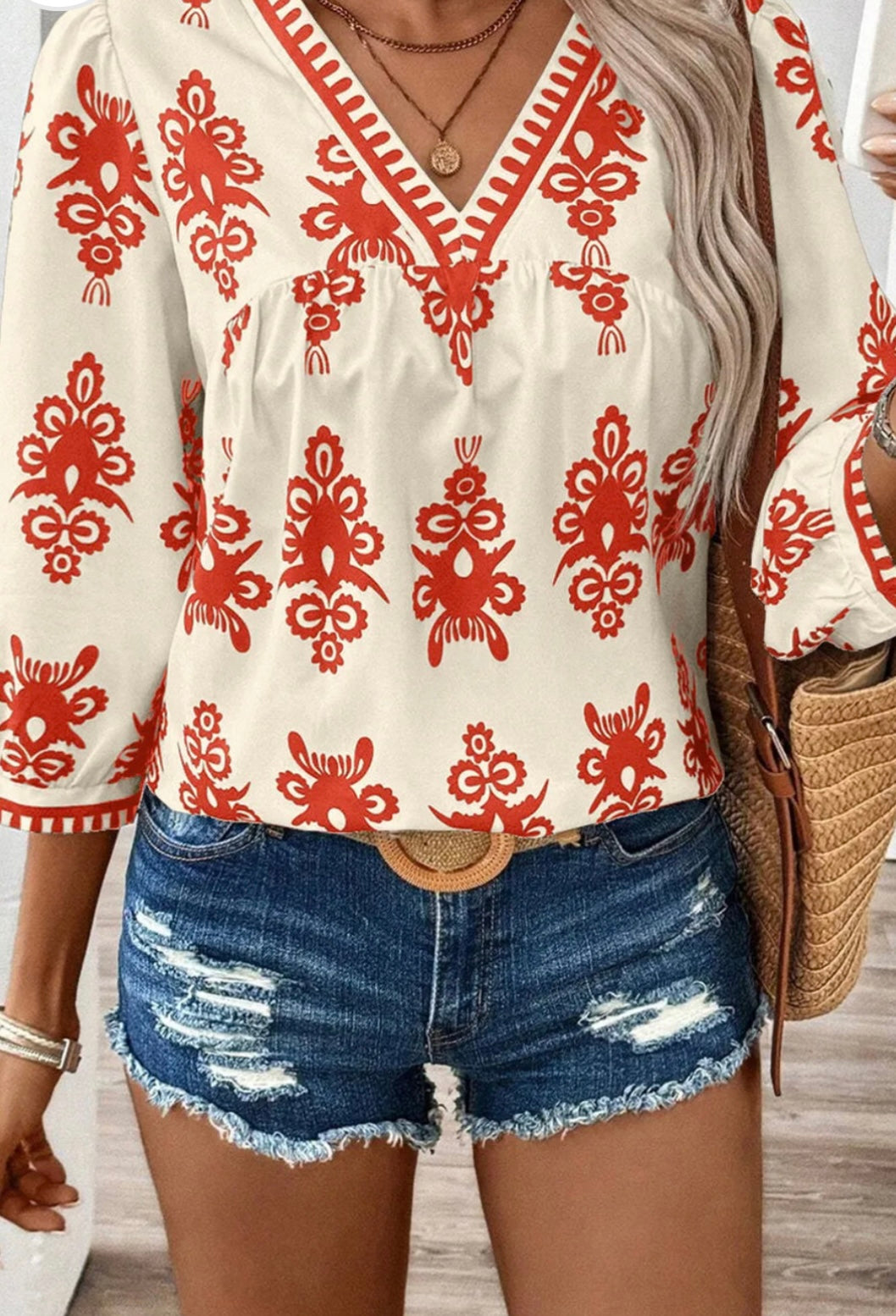 Printed V-Neck Three-Quarter Sleeve Blouse