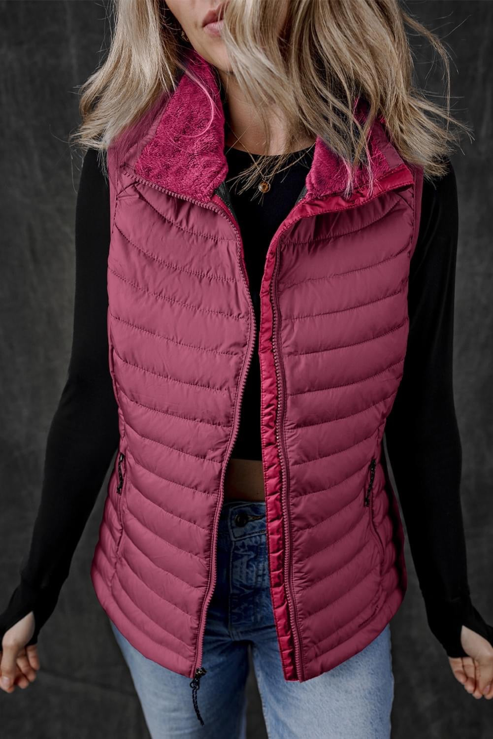 Burgundy Plush Collared Quilted 
puffer vest