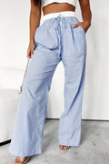 Sky Blue Stripe Wide Leg Buttoned Elastic High Waist Pants