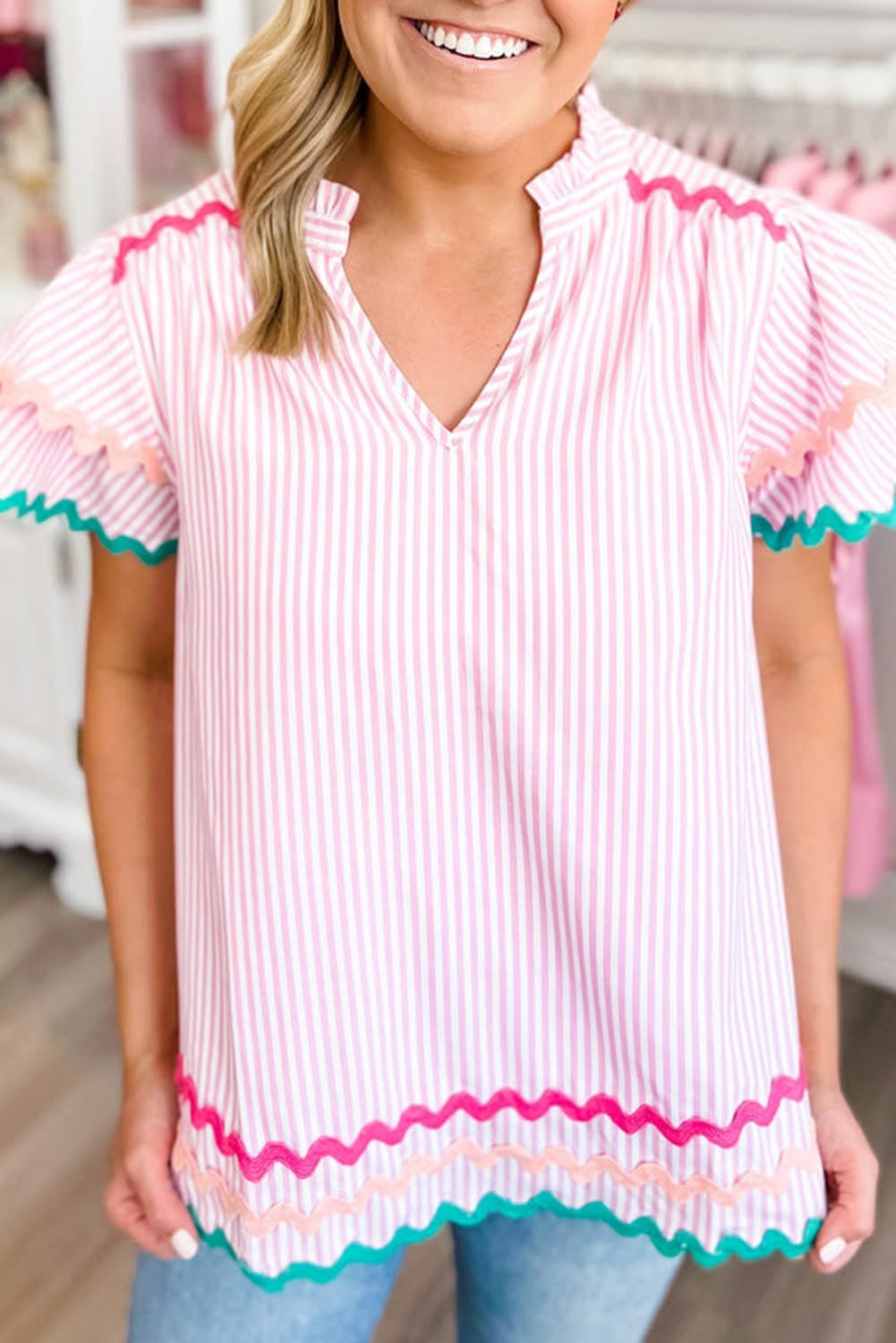 Trista Simpson Pink Stripe Ricrac Trim Ruffled Blouse