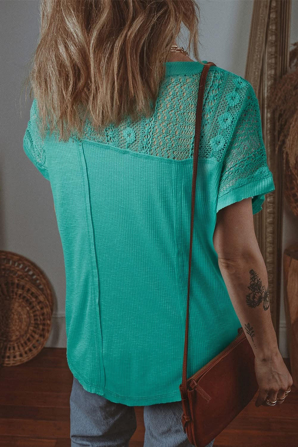 Sea Green Lace Textured Short Sleeve Blouse