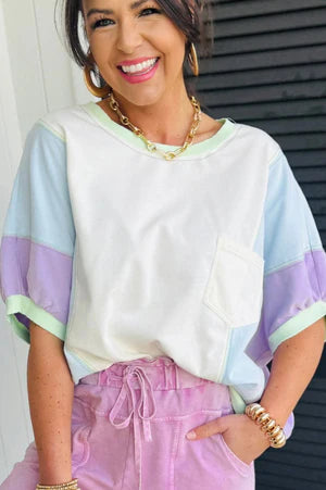 SWEET SUMMER WHITE COLORBLOCK OVERSIZED SHIRT **SHIPPING EXPECTED TO BEGIN ON DATE 4/22**