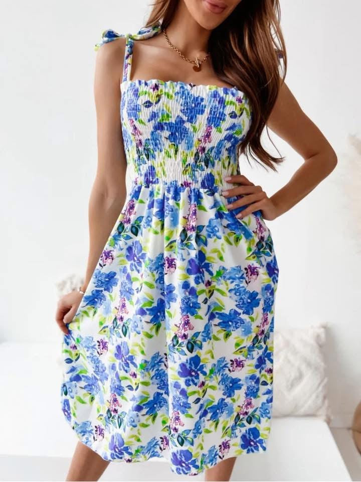 Floral Smocked Bodice Tie Shoulder Summer Dress