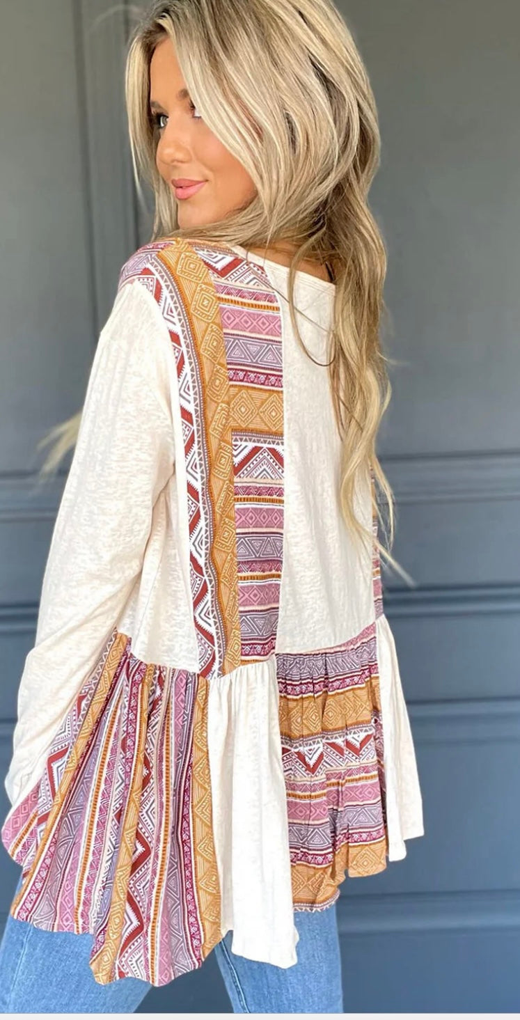 Western Patchwork Ruffled Babydoll Top (Ships 8/31)
