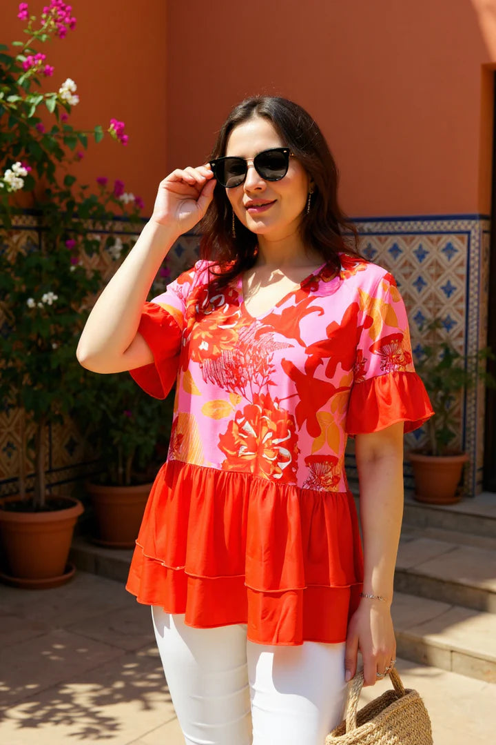 Pink Floral Printed & Orange ruffle top