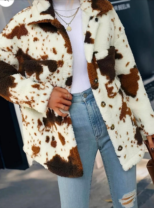 Cow Print Collared Neck Button Up Fuzzy Jacket