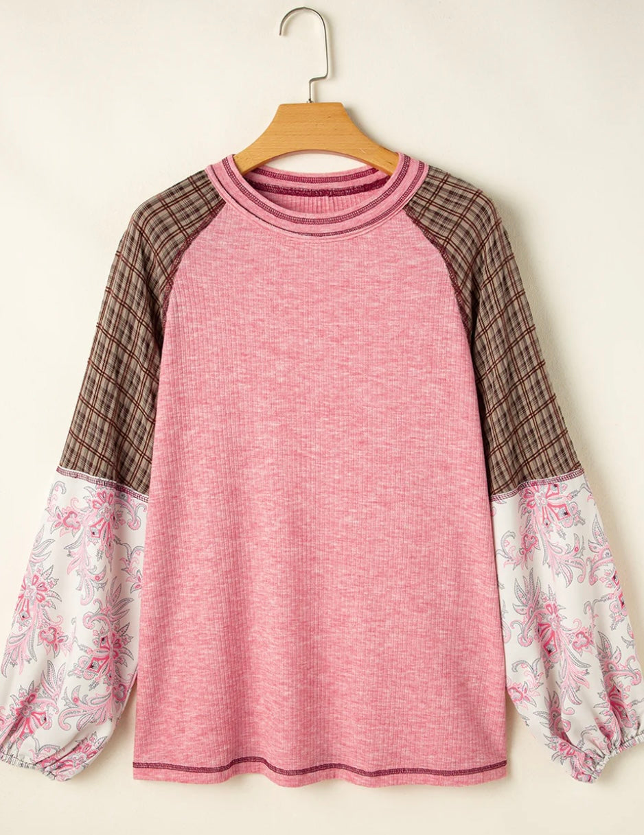 Flower Patchwork Sleeve Ribbed Top