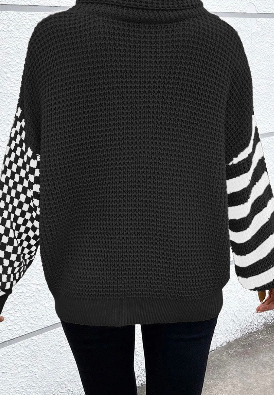 Striped and Checked Waffle Turtleneck Sweater