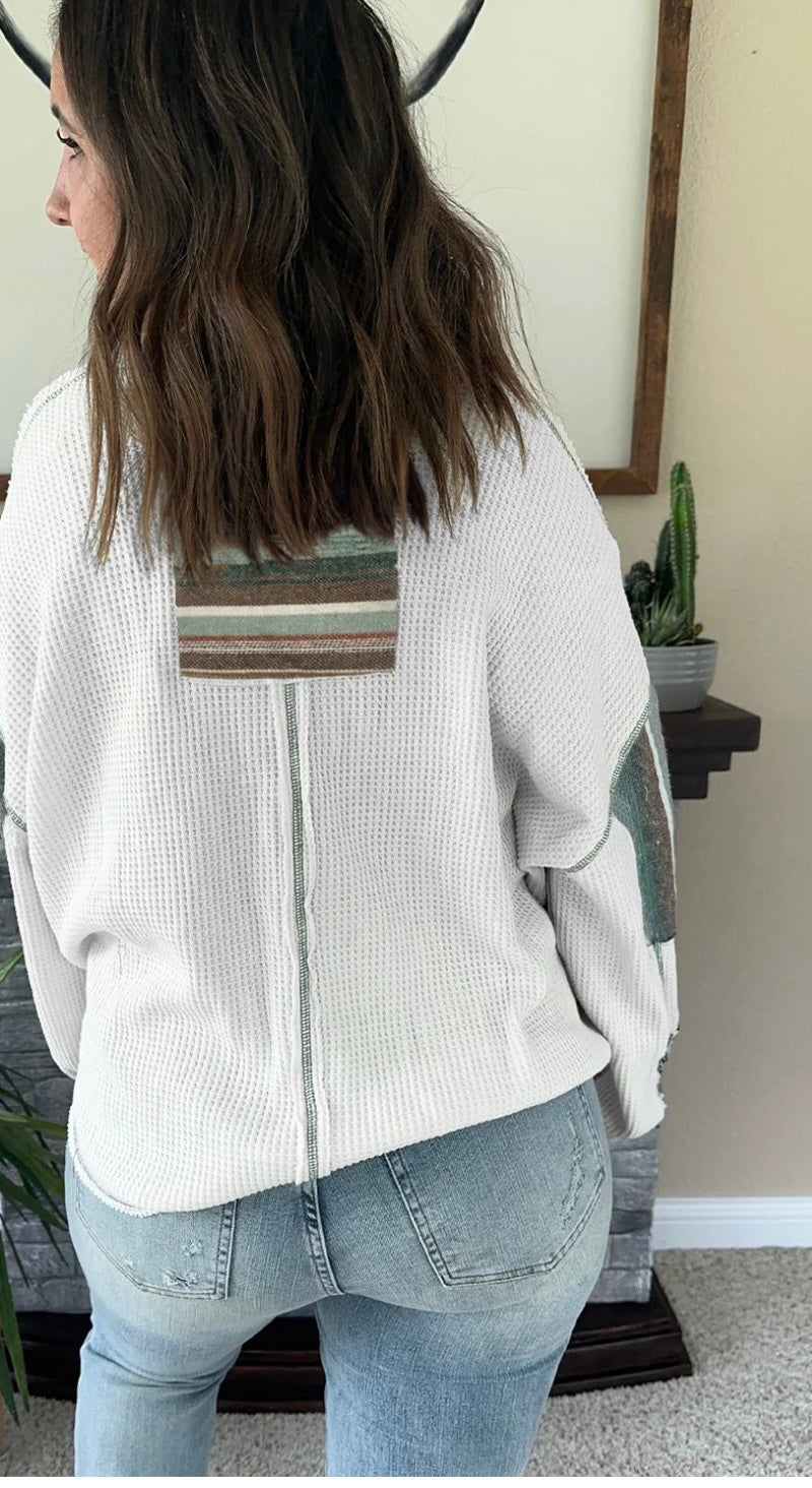 Striped Patchwork Waffle Knit Top