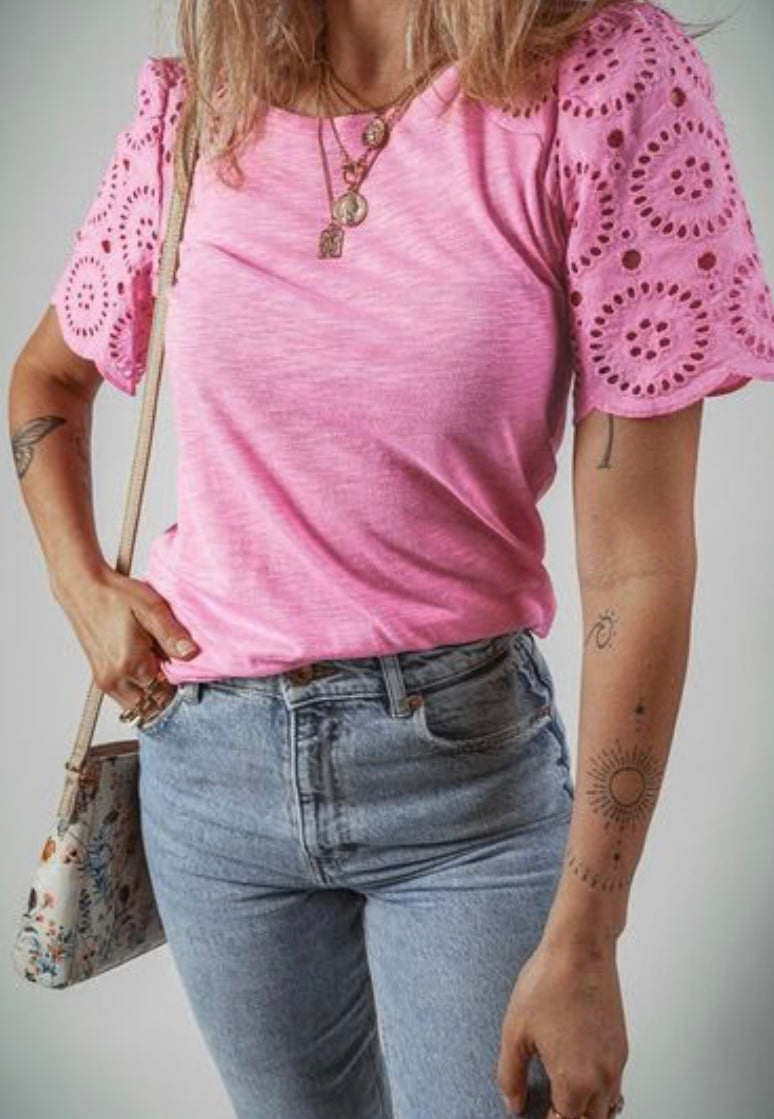 Eyelet Embroidery Scalloped Sleeve Round Neck Top