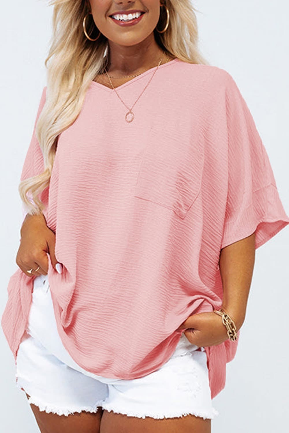 Pink Textured V Neck Plus Size T shirt