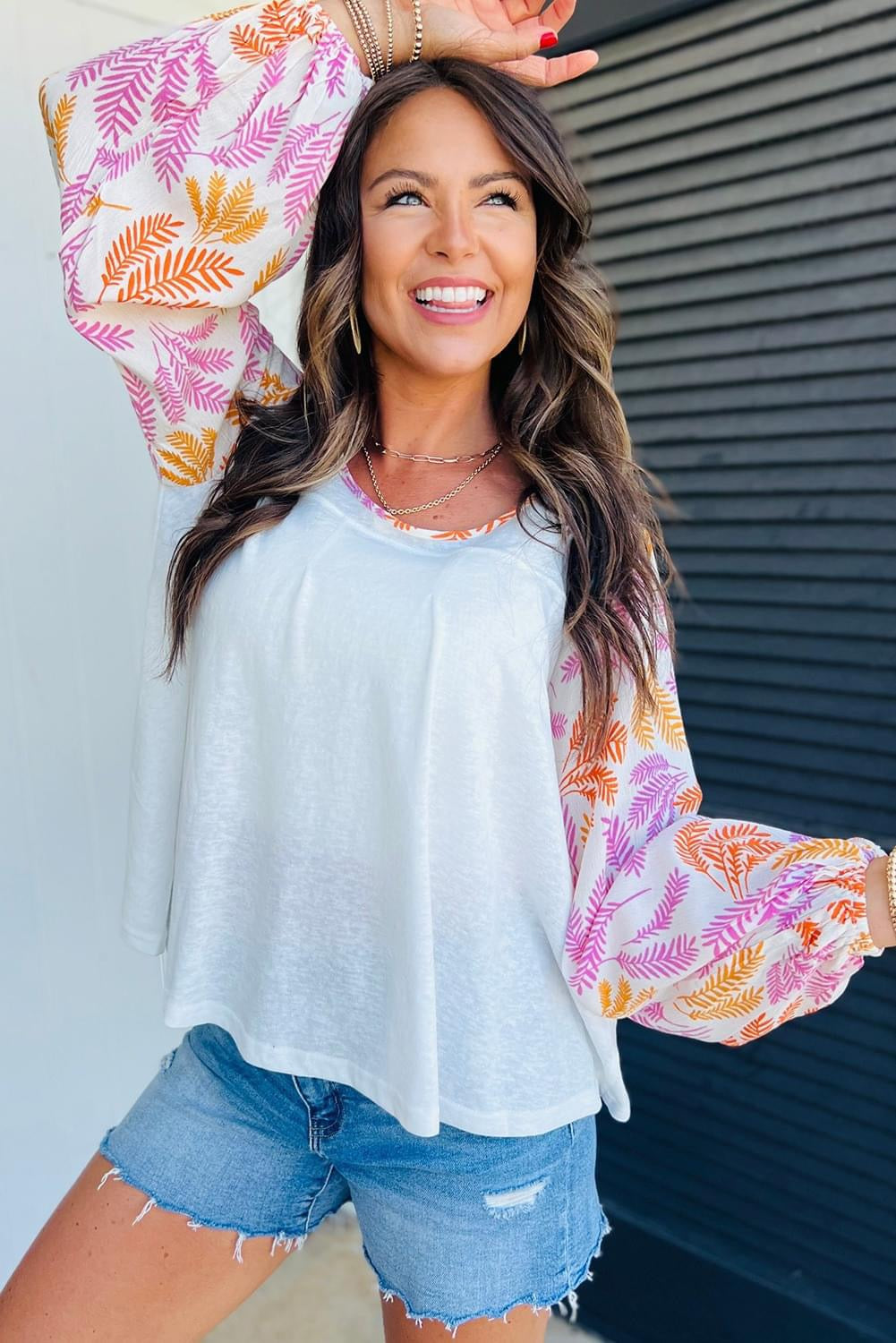 White Tropical Leaf Round Neck Blouse