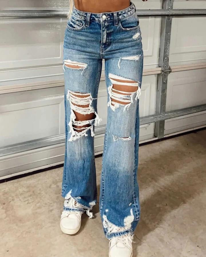 High Rise Ripped Straight Jeans