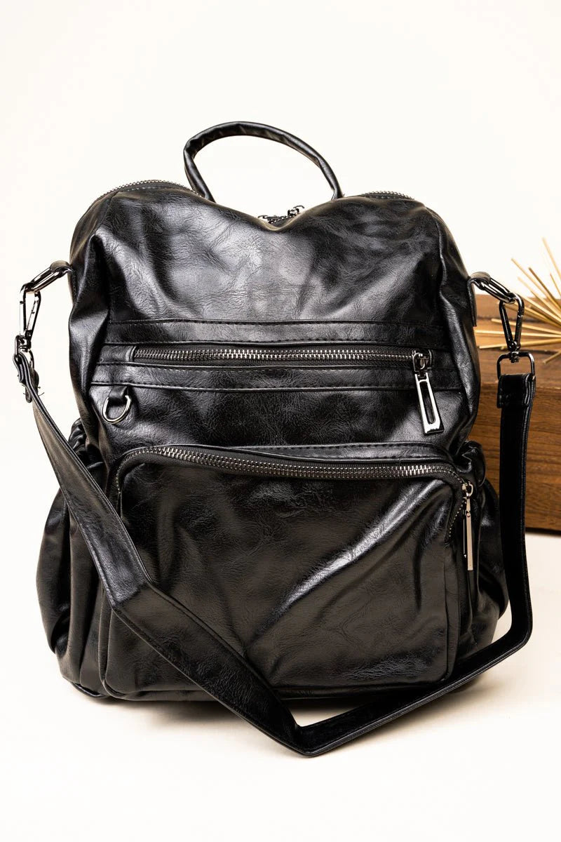 Black Leather Faux Backpack Tote