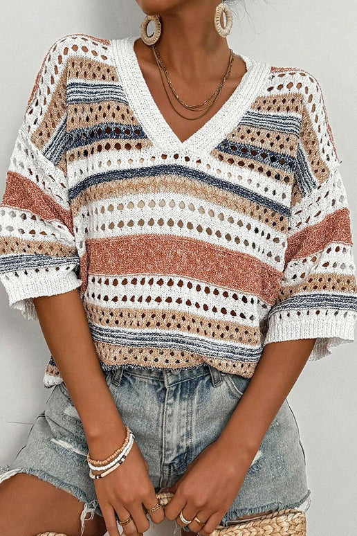 Autumn Sunshine Multi Stripe Hollow Knit Sweater