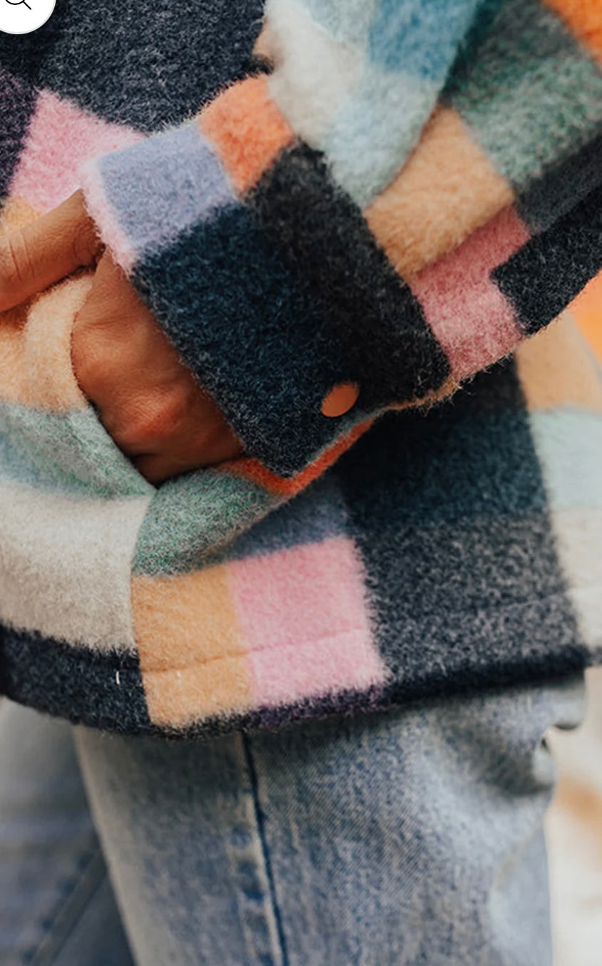 Plaid Pocketed Button Collar Sweatshirt