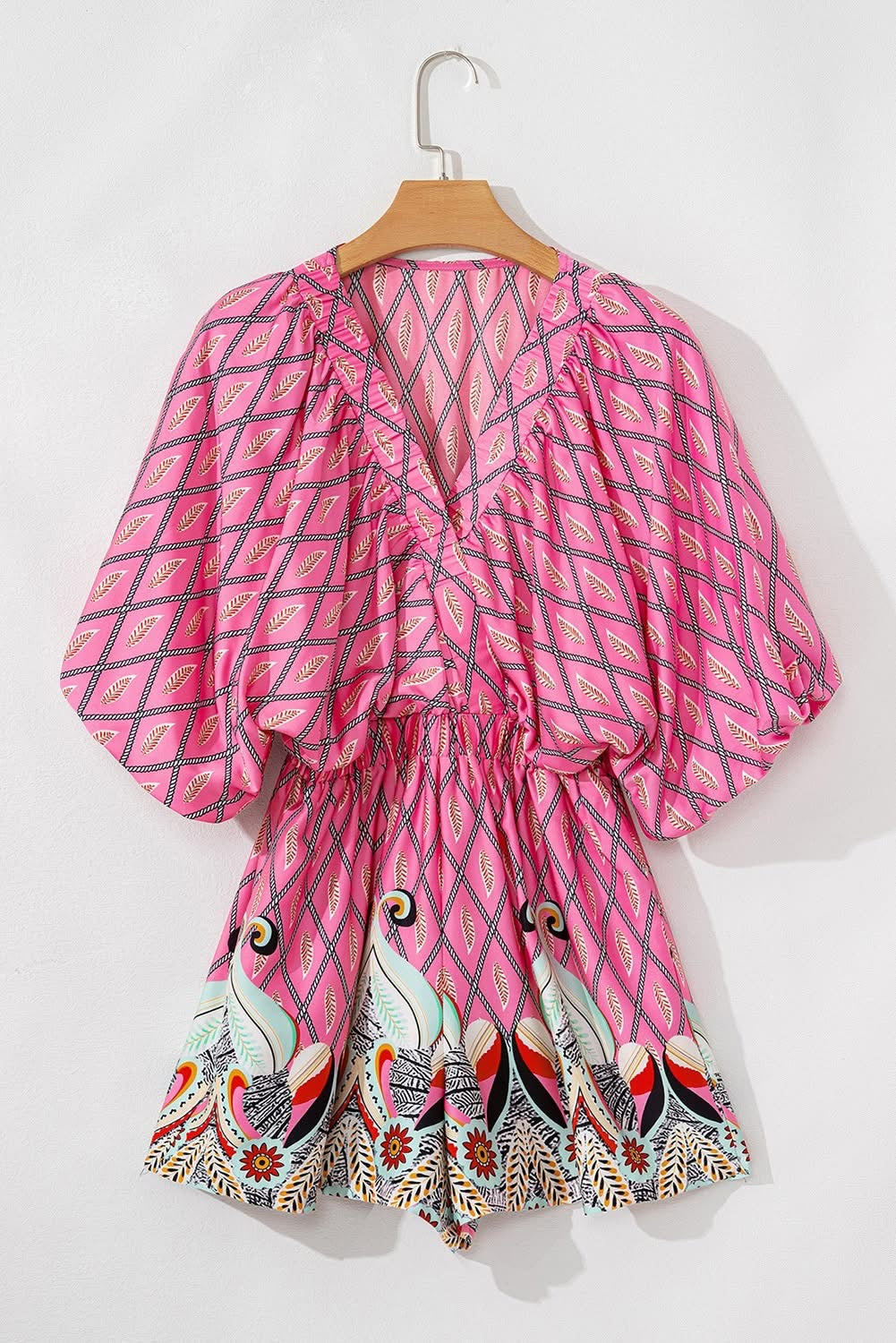 Pink Paisley Geometric V neck high waist Romper
