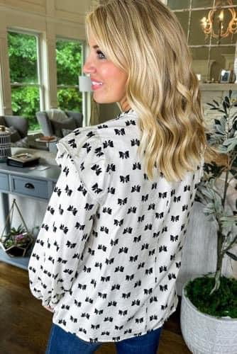 White Bow Knot Trim Ruffled Blouse