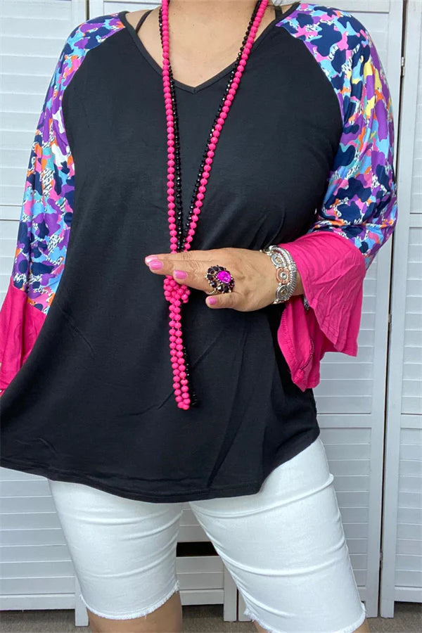 Black Raglan Leopard Sleeve Pink Ruffle Top