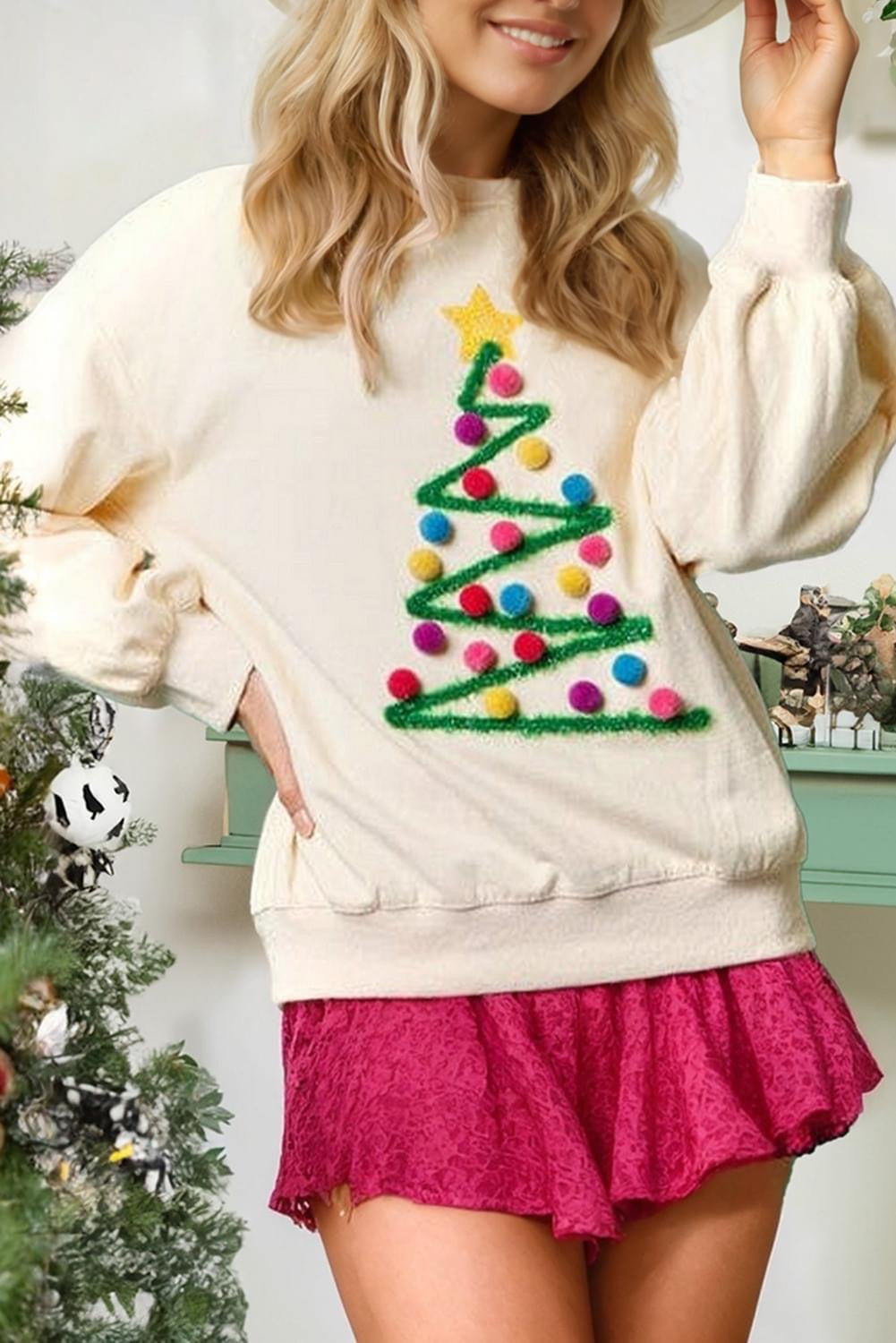 Beige Pom-Pom Christmas Tree Sweatshirt