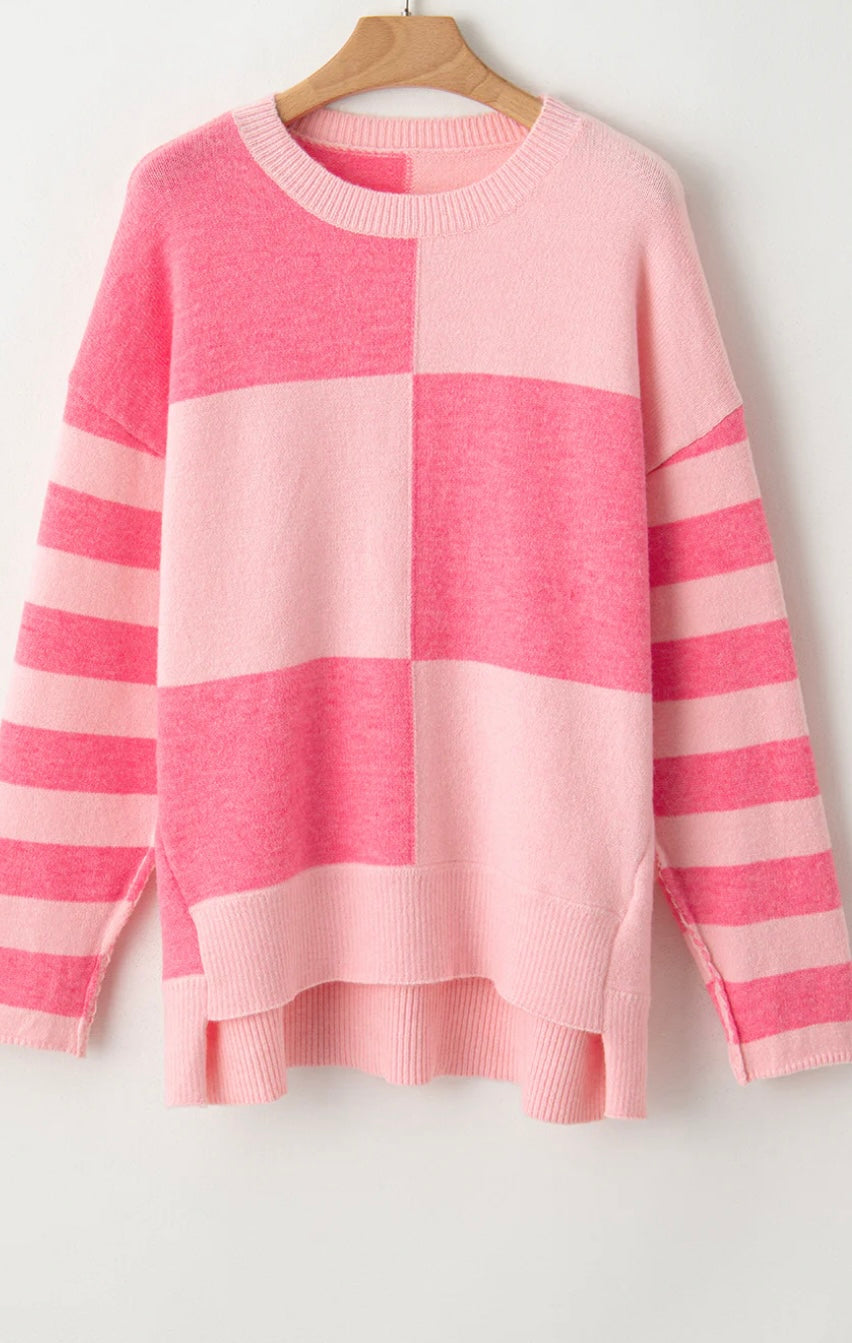 Pink Checkered Striped Sleeve Sweater