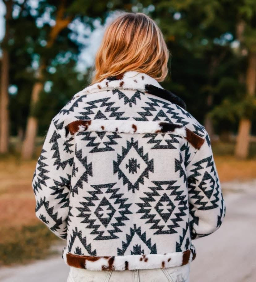 Aztec Cow Print Sherpa Jacket