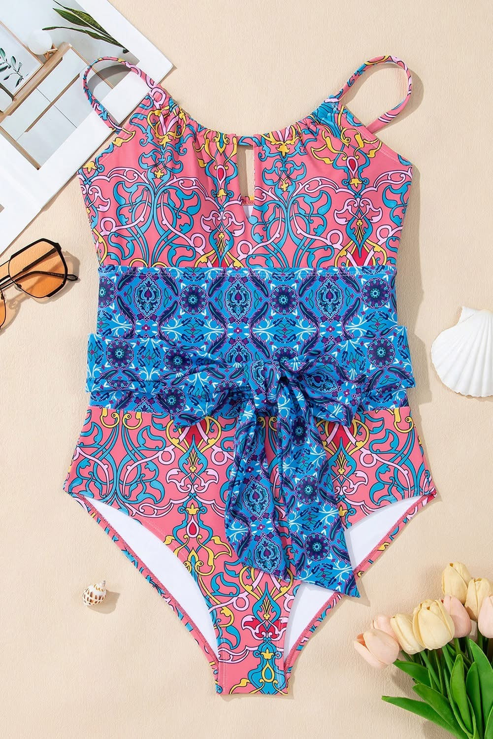 Blue Geometric Knotted Waist One Piece Swimsuit